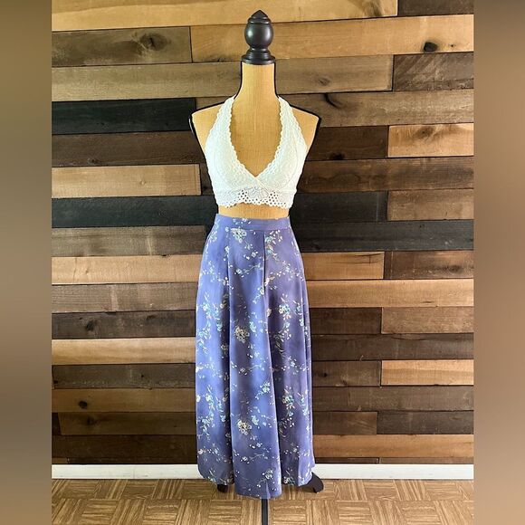 Vintage Dresses & Skirts - 90s Vintage KORET Purple Cottagecore Painted Flowers Elastic Waist Maxi Skirt